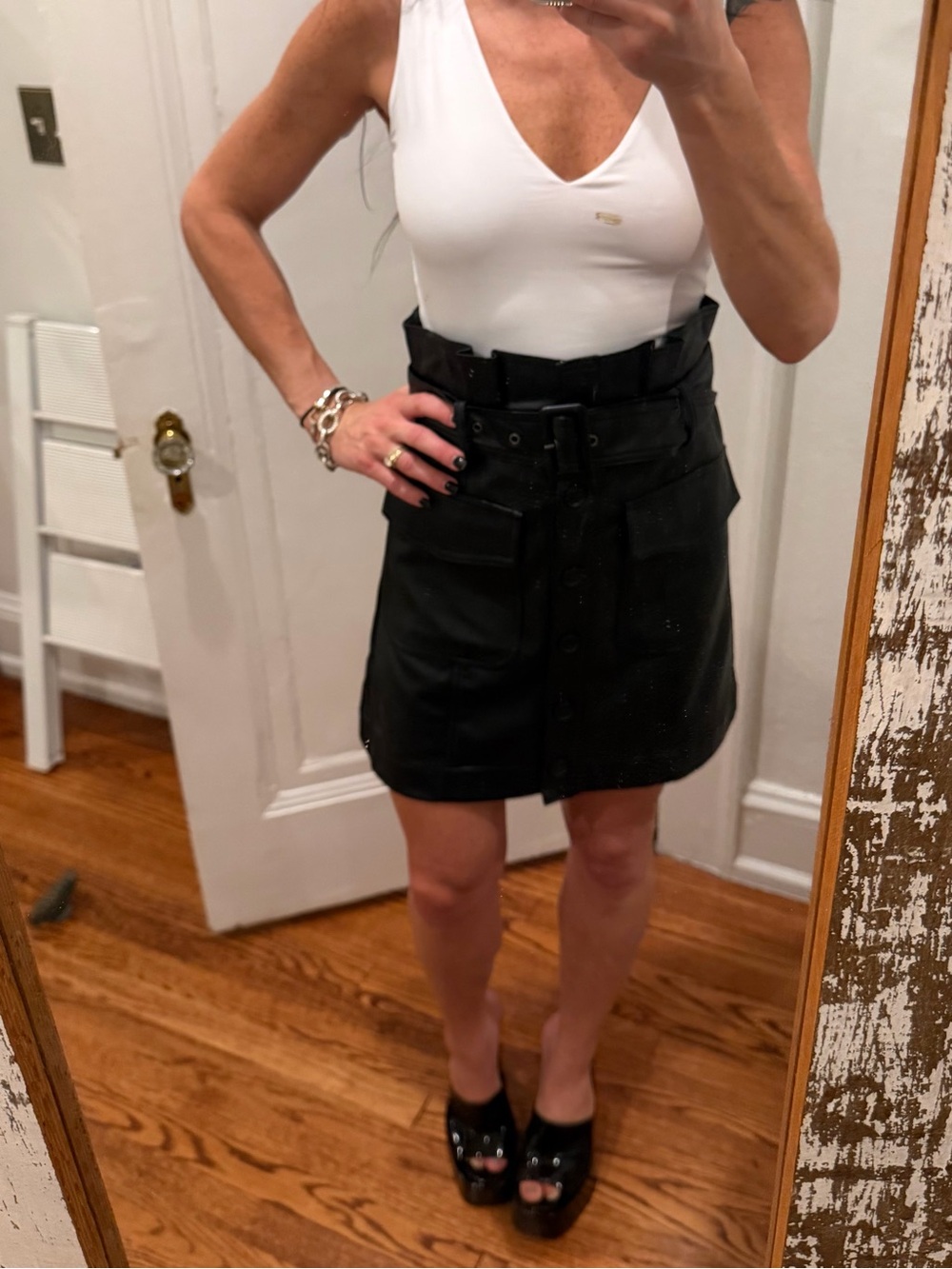 Black High-Waist Belted Leather Mini Skirt - Picture 1 of 10